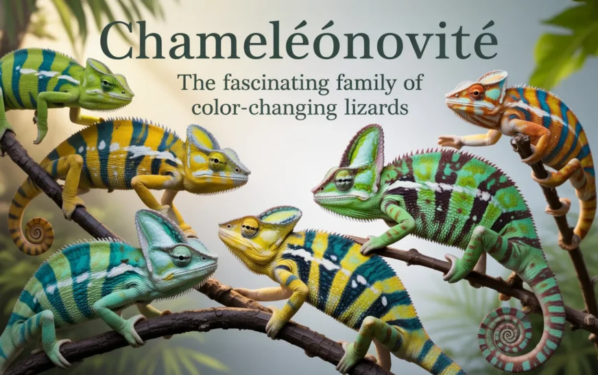 Chameleónovité lizard changing colors while sitting on a green branch in natural habitat